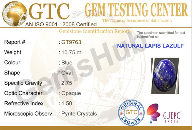 10.75 ct Natural Certified Lapis Lazuli (Lajwart)